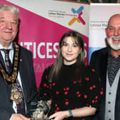 Mayor of Causeway Coast and Glens, Councillor Steven Callaghan alongside Labour Market Partnership Manager, Marc McGerty presenting Rebekah Wright with a Special Recognition Award.