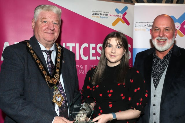 Mayor of Causeway Coast and Glens, Councillor Steven Callaghan alongside Labour Market Partnership Manager, Marc McGerty presenting Rebekah Wright with a Special Recognition Award.