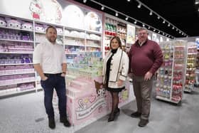 Owners of the MINISO franchise in Northern Ireland, Stuart Dixon and Trevor Finlay, pictured with senior relationship manager at Ulster Bank, Leona McNicholl. Picture: Kelvin Boyes