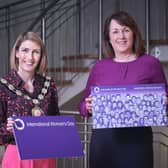 Chair of Mid Ulster District Council, Councillor Córa Corry and Sharon Burnett, Chief Executive of Causeway and Mid Ulster Women’s Aid, launch the events in Moy and Magherafelt to mark International Women’s Day 2023 which has the theme #embraceequity.