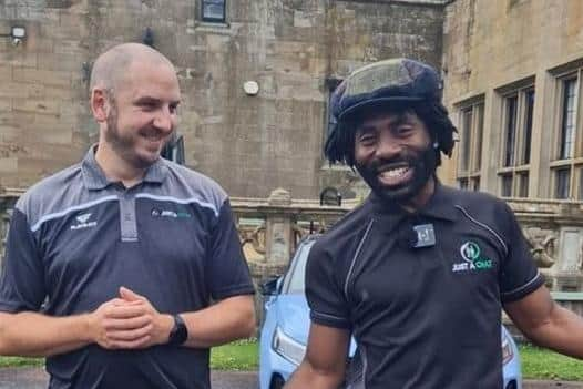 Black Paddy learns more about Just a Chat during his visit to Lurgan from Conor Hegarty. Picture: Just a Chat.