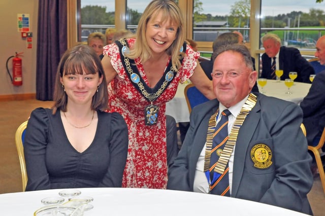 Lord Mayor of Armagh City, Banbridge and Craigavon, Councillor Margaret Tinsley  with Lurgan Bowling Club President Neill Sloan and young member Mia Patterson who was selected for the Irish Elite Squad.