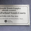 Plaque dedicated to the newly renamed Alex McFarland Tennis Courts in Ballycastle