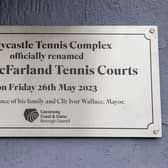 Plaque dedicated to the newly renamed Alex McFarland Tennis Courts in Ballycastle