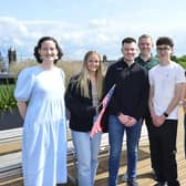 Co Armagh students (middle, from left) Ruth Cadden, James Tallon, James Hatchell and Jessica Anderson pictured with Dr Erin Hinson, Study USA student support advisor; Richard Leeman, Skills Division, Department for the Economy, Northern Ireland, and Mary Mallon, Head of Education, British Council Northern Ireland. Picture: British Council NI.