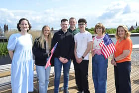 Co Armagh students (middle, from left) Ruth Cadden, James Tallon, James Hatchell and Jessica Anderson pictured with Dr Erin Hinson, Study USA student support advisor; Richard Leeman, Skills Division, Department for the Economy, Northern Ireland, and Mary Mallon, Head of Education, British Council Northern Ireland. Picture: British Council NI.
