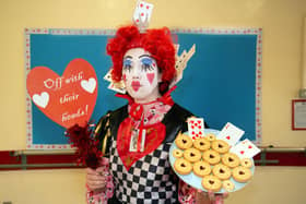 Playing her cards right...Ballyoran Primary School teacher Mrs Hannah McConville dressed as the Queen Of Hearts from 'Alice In Wonderland' for World Book Day. PT10-252.