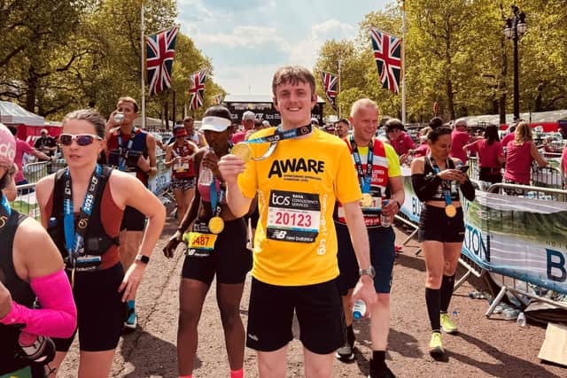 Conor McAvoy from Annaclone completes this year's London marathon supporting AWARE NI