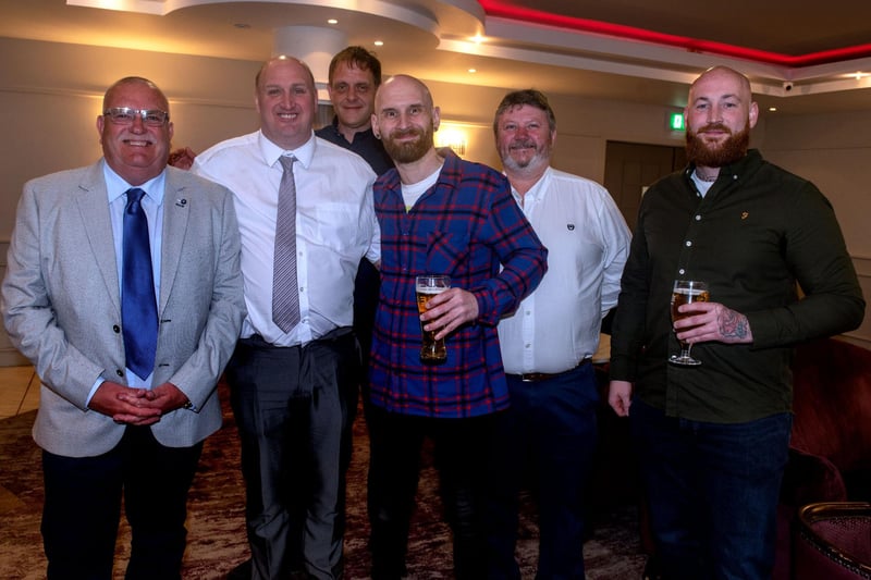 Enjoying the pre-dinner reception are from left, Andy Black, Wayne Archer, Stuart Andrews, Matt Doyle, Grham Black and Daniel Creaney. PT19-225.