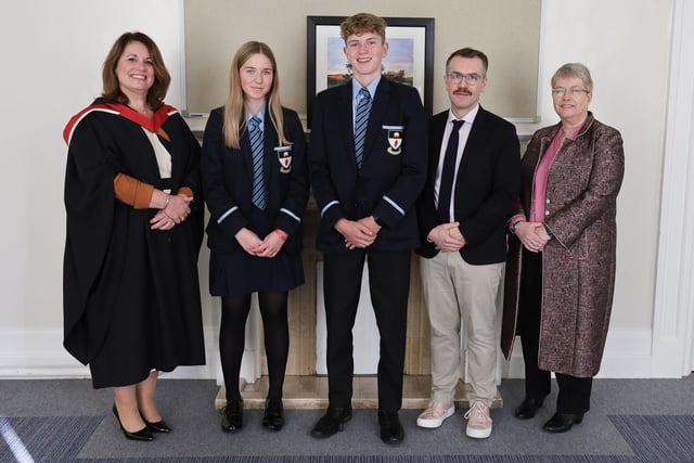 Dr Stephen McAdoo, Miss Gwyneth Evans, Mrs Lynne Dripps pictured at the presentation of  Outstanding contribution to school sport at Junior School to Isaac Kelso and Leah Allen.