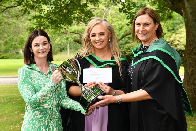 Lucy Stewart from Aughnacloy was awarded the ABP Food Group UK Cup as the student achieving the highest marks in the Environmental and Quality Management module. Lucy graduated with a First Class Honours Degree in Food Technology at CAFRE’s Graduation Ceremony. Congratulating Lucy is Kirsty-Leigh Stringer (Human Resource Manager, ABP Linden) and Betty McLean (Lecturer, CAFRE)