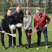 Pictured with Chair of Mid Ulster District Council, Cllr. Córa Corry launching the new Pitches Strategy are (L-R) Diarmaid Marsden, Gaelic Athletic Associaltion; David Johnston, Ulster Rugby and Marc Scott, Ulster Hockey at Aughnacloy 3G Pitch.