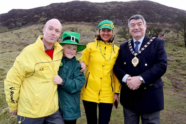 Mayor of Mid & East Antrim Borough Council, Alderman Noel Williams with climbers at Slemish on St Patrick's Day.