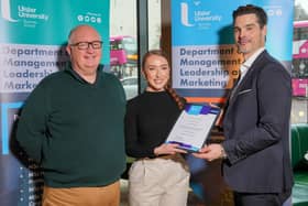 (L-R) BSc Hons Business Studies course director Paul Dickson, Melissa Warnock and Leigh Brown, CIMA (Ireland). Melissa, from Lisburn, won the Chartered Institute of Management Accountants Ireland Achievement of Excellence Award for highest business accounting mark.