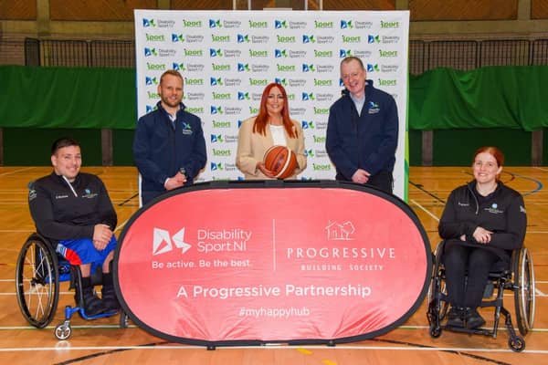 From left: Luke Marshall, NI wheelchair basketball player; Paddy Marshall DSNI chairperson; Jane Millar, Progressive Building Society Head of Lending & Savings; Kevin O’Neill, DSNI Chief Executive and Eimear MacSorley, NI wheelchair basketball player. Picture: Progressive Building Society