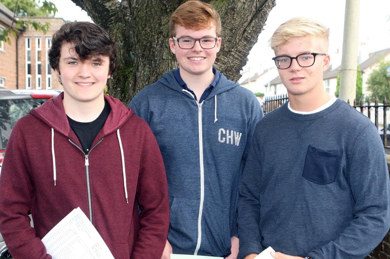 Pictured at Ballyclare High School on GCSE results day 2017 are Andrew Farquhar (8A* 3A), Callum Blair (9A*, A), and Adam Clarke (9A* A).