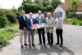 Pictured, from left: Alpha Housing Chief Executive Cameron Watt, Communities Minister Gordon Lyons MLA, the Mayor of Mid and East Antrim Borough Council, Alderman William McCaughey, East Antrim MP Sammy Wilson, and Mike Martin from the Martin Property Group. Picture: Darren Kidd / Press Eye