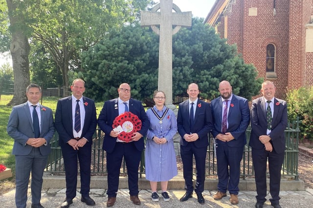Deputy Lord Mayor Johnston and delegation pictured with Gordon Lyons MLA at Guillemont remembrance service, which paid tribute to the 16th Irish Division who fought in First World War.