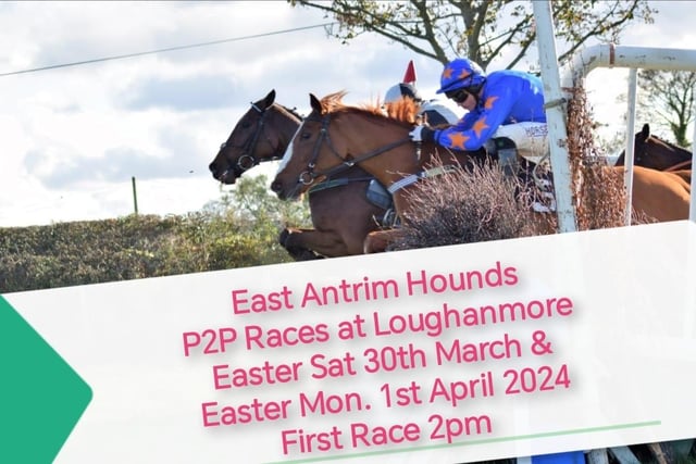 The annual East Antrim Hounds point to point races will be staged in the Loughanmore area of Parkgate on March 30 and April 1. The first race will take place at 2pm. Entry is priced at £10 for adults and free admission for children. Catering and bar facilities available. There is free parking.