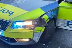 The police car that was damaged in the ramming incident. Photo submitted by the PSNI