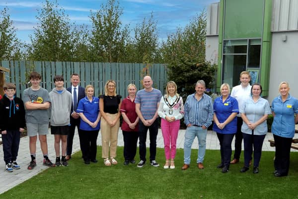 The Lord Mayor, Ald Margaret Tinsley at the official opening of Blossom Children’s Ward Garden with representatives from Armagh City, Banbridge and Craigavon Borough Council, Portadown Wellness Centre, Seagoe Youth Group and Craigavon Area Hospital staff.