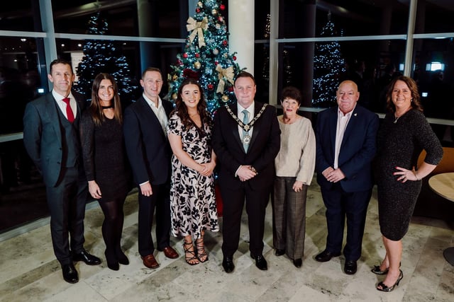 Richard Baker GM, chief executive of Antrim and Newtownabbey Borough Council; The Honourable Rowena Baker; Dr Ian Cadden; Grace Crooks; the Mayor of Antrim and Newtownabbey, Councillor Mark Cooper; Ann Wilson; Mervyn Cooper and Claire Patterson.