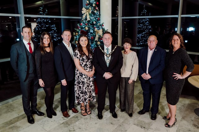 Richard Baker GM, chief executive of Antrim and Newtownabbey Borough Council;  The Honourable Rowena Baker; Dr Ian Cadden;  Grace Crooks; the Mayor of Antrim and Newtownabbey, Councillor Mark Cooper; Ann Wilson; Mervyn Cooper and Claire Patterson.
