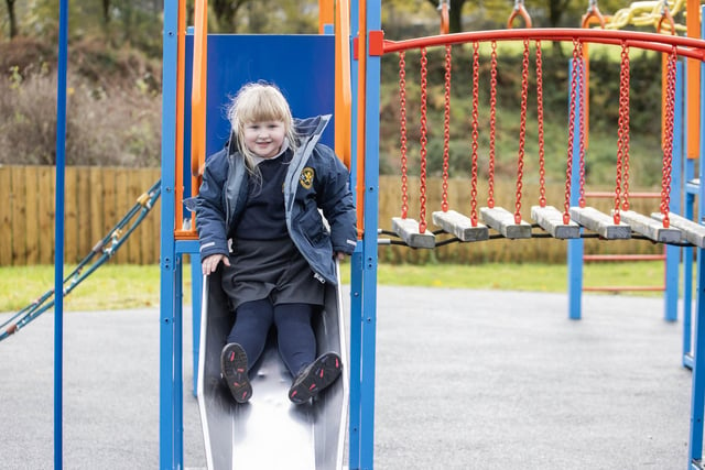 Just one of the children enjoying the new play equipment at Armoy Playpark.