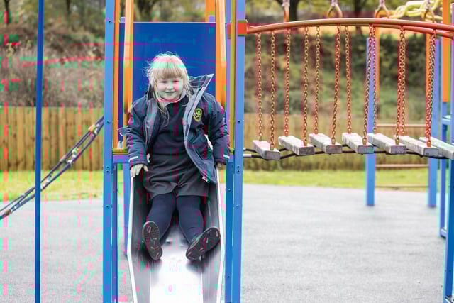 Just one of the children enjoying the new play equipment at Armoy Playpark.