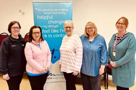 L-R South Eastern Trust Early Treatment Centre Facilitator Leanne Oakes, Patricia Brennan, Rosemary Poland, Roberta Stevenson and South Eastern Trust’s Senior Social Work Practitioner Judy Bingham. Pic credit: SEHSCT