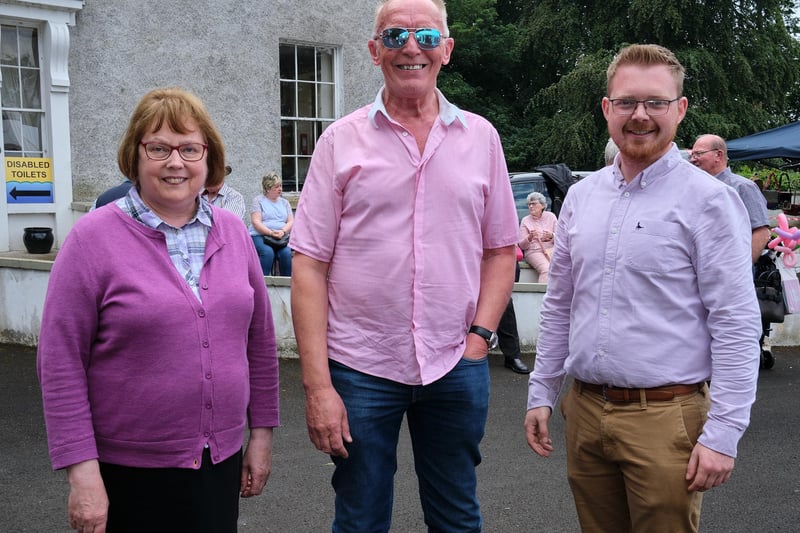 Sean Henry with Mid Ulster Councillors Anne Forde and Kyle Black at the Maghera Parish of St Lurach's Maghera & Killyleagh Garden Fete and Vintage Rally held in the Old Rectory Grounds.