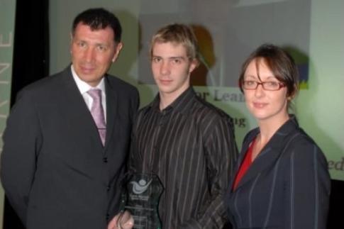 Larne swimmer Conor Leaney, winner of the Junior Under 19 Sports Performer of the Year Award at the Larne Borough Council Sports Awards 2007, withLawrie Sanchez and Emma Dillon from award sponsors FG Wilson