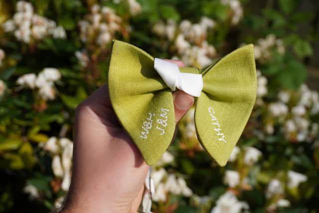 The handmade bow tie tribute to Thomas's grandparents. Credit Thomas Irwin