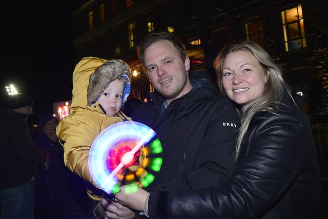 Julie-Anne, Jonathan and little Thomas enjoying the Christmas lights and atmosphere at Mossley Mill.