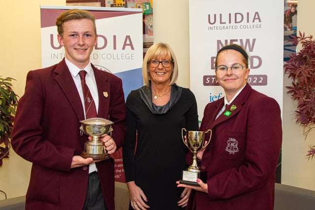 Andrew Jackson bowl awarded to Aaron Reid for outstanding contributions in Environmental Sciences, Mrs Bonar (vice principal) and Eco Award presented to Rebecca Telford.