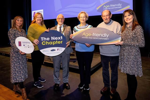 From left: Carrie Currie (Business Development Officer), Hilary Karakoc (Accredited Certified EFT Practitioner), Mayor, Councillor Henry Cushinan, Newtownabbey's own "Spidergran", Jill Aspinall, Derek Robinson (Antrim and Newtownabbey Seniors' Forum) and Kelly Doyle (Age Friendly Officer)