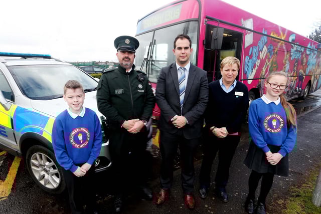 Pictured at the 2014 Bee Safe event in Lisburn are: (l-r) Noah from Killowen Primary School; Constable Patterson, PSNI; Councillor Luke Poots, Vice-Chair of the Council's Environmental Services Committee; Susan O'Neill, Child Safety Bus Co-Ordinator, Translink and Jody from Killowen Primary School.