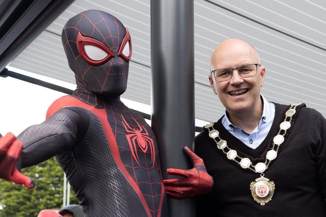 Spiderman meets Mid Ulster Council chairperson Cllr Dominic Molloy.
