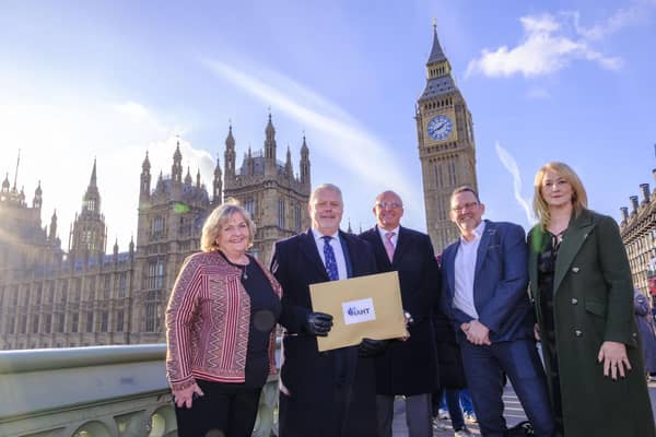 Pictured on Westminster Bridge with the petition are from left: Katrina Moore, principal of Malone Integrated College, Belfast; NAHT NI president, Liam McGuckin, principal of Greenisland Primary School, Carrickfergus; NAHT general secretary Paul Whiteman; Jonathan Gray, prinicpal of Arvalee School, Omagh; and Clare Majury, principal of Holywood Nursery School, Holywood.  Photo: Jess Hurd