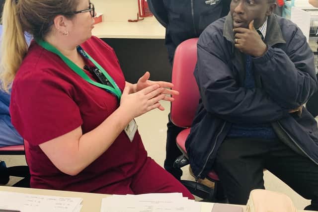 Shadrach and Sam meet with Surgical Lead Pharmacist Louise Kilpatrick. Pic credit: SEHSCT