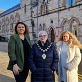 Helping to launch the 2025 Larne Business Awards are the Mayor of Mid and East Antrim Borough, Alderman Beth Adger, with Portia Woods (left) of Larne Business Forum and Grace Clements,  advertising consultant at National World Publishing.  Picture: National World.