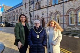 Helping to launch the 2025 Larne Business Awards are the Mayor of Mid and East Antrim Borough, Alderman Beth Adger, with Portia Woods (left) of Larne Business Forum and Grace Clements,  advertising consultant at National World Publishing.  Picture: National World.
