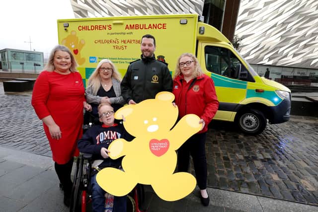 Pictured at the launch of NI’s first children’s ambulance are, from left, Joanne McCallister, Chief Executive of Children’s Heartbeat Trust, Christine McCaughey, from Craigavon, and her son, Blake, Ciaran McKenna, Assistant Director of Operations at NIAS and Emma Thompson, Lead Nurse at NISTAR. Picture: William Cherry/Presseye