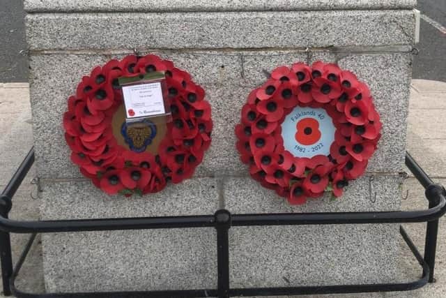 Poppy wreaths on Cookstown Cenotaph. Credi: Royal British Legion