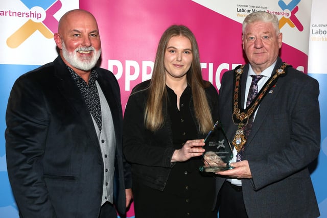 Mayor of Causeway Coast and Glens, Councillor Steven Callaghan alongside Labour Market Partnership Manager, Marc McGerty presenting Stephanie Hamilton with a Special Recognition Award