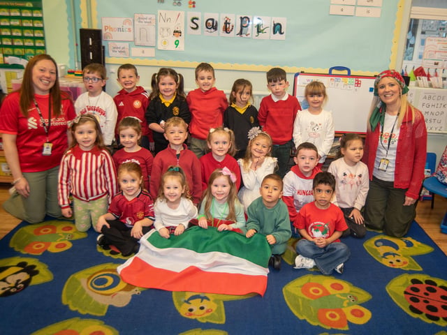 P1 pupils who represented Hungary on Culture Day pictured with classroom assistant, Lucinda Camblin, left, and teacher Stacey Eakin.