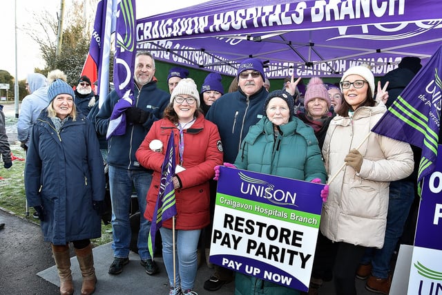 UNISON members who braved the cold to join the picket line at Craigavon Area Hospital. PT03-247.