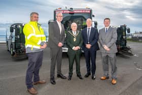 Mayor of Mid and East Antrim Council, Thomas Gordon is pictured with Gary Murtagh, Waste Operations Supervisor, David Bone, Asst Director of Place, Rowan Moore, Director of Place and Martin Cleland, Waste Operations Manager.  Photo:MEABC