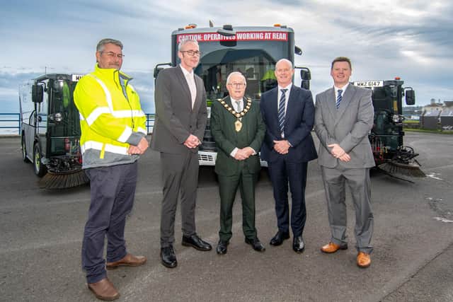 Mayor of Mid and East Antrim Council, Thomas Gordon is pictured with Gary Murtagh, Waste Operations Supervisor, David Bone, Asst Director of Place, Rowan Moore, Director of Place and Martin Cleland, Waste Operations Manager. Photo:MEABC
