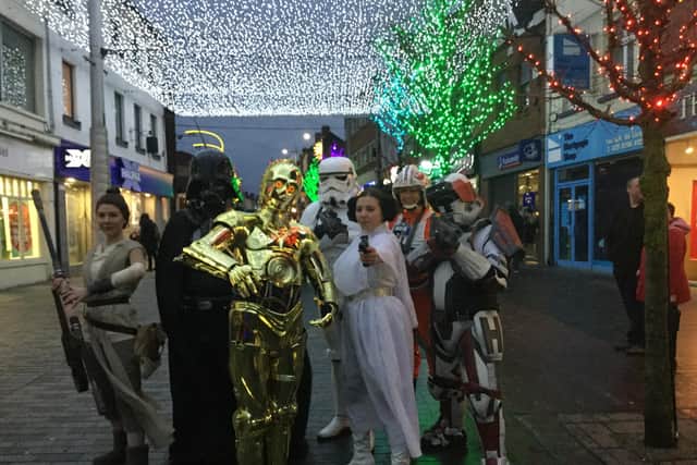 Star Wars Characters enjoying the twinkling canopy of lights on Bow Street, Lisburn City Centre